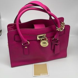Michael Kors Hamilton Hot Pink Gold Medium Saffiano Leather Purse